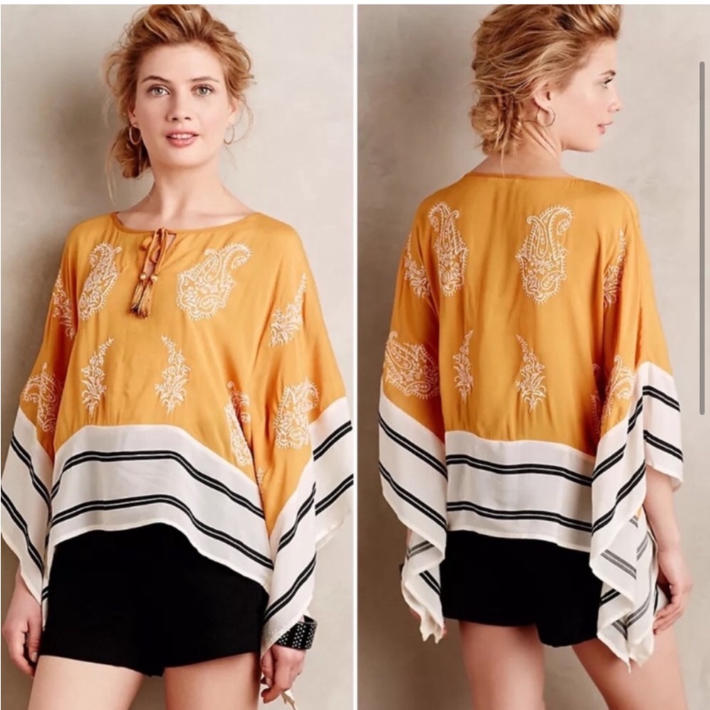 Anthropologie Floreat Sunglow embroidered paisley poncho top with art deco lines - Picture 1 of 12